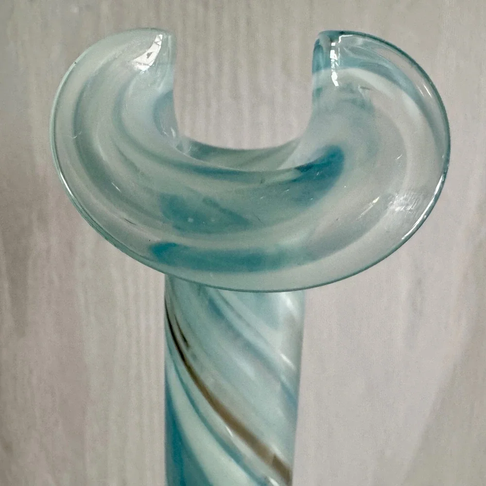 Art Glass Bud Vase Aqua Teal White Swirl Hand Blown Ruffled Rim 7.5 inch